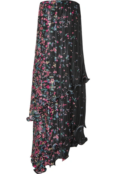 Shop Givenchy Strapless Asymmetric Ruffled Floral-print Plissé-satin Dress In Black