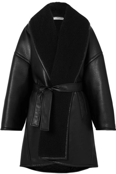 Shop Balenciaga Oversized Belted Faux Shearling-trimmed Faux Leather Coat In Black