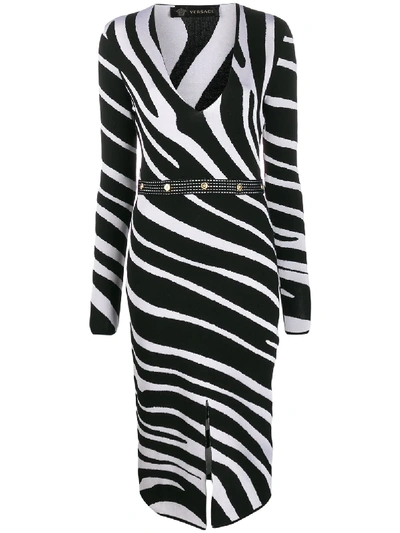 Shop Versace Zebra Knitted Midi Dress In A2024 Black White