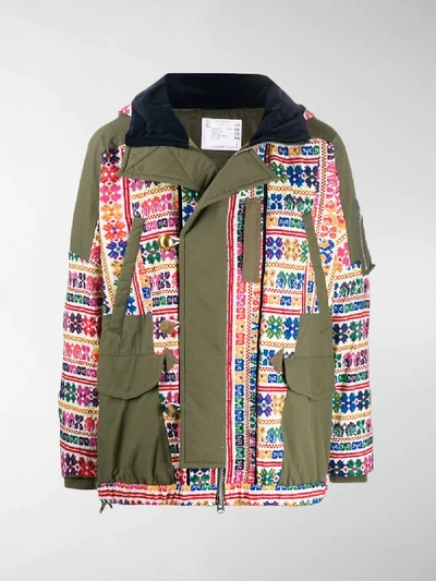 Shop Sacai Embroidered Parka Coat In Green