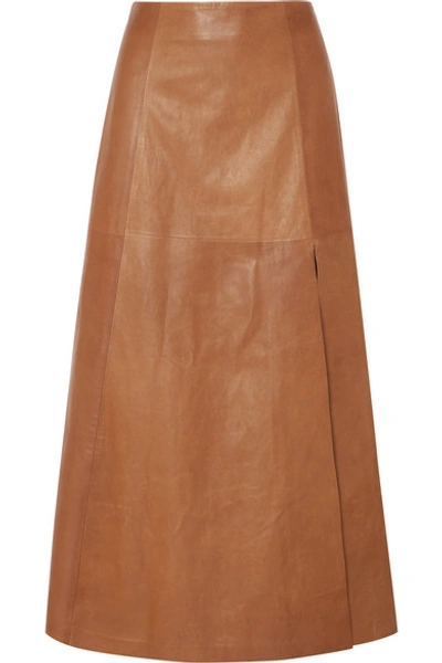 Shop Ferragamo Leather Midi Skirt In Tan