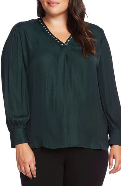 Shop Vince Camuto Studded V-neck Rumple Blouse In Dark Willow