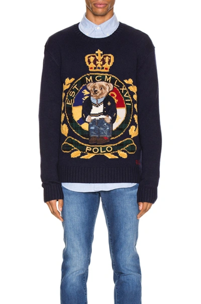 Shop Polo Ralph Lauren Wool Blend Icon Sweater In Abstract,blue In Navy Crest Bear