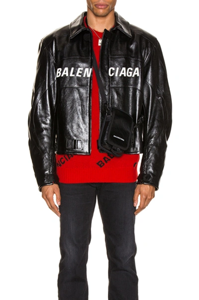 Balenciaga Men's Contrast Logo Leather Moto Jacket In Black | ModeSens