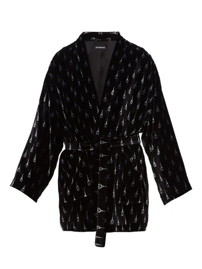 Eiffel Tower-print Velvet Robe Jacket In Black