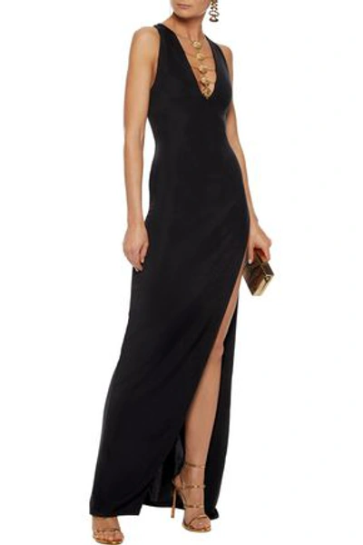 Shop Balmain Embellished Stretch-cady Gown In Black
