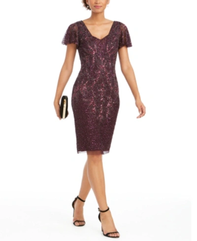 Shop Adrianna Papell Embellished Flutter-sleeve Sheath Dress In Night Plum