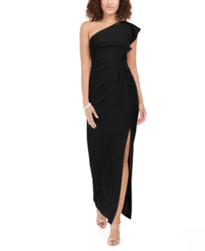 Shop Adrianna Papell Ruffled One-shoulder Gown In Black