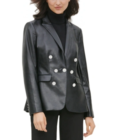 Shop Calvin Klein Faux-leather Double-breasted Blazer In Black