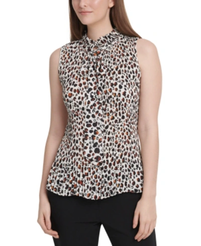 Shop Dkny Animal-print Pleated Tie-neck Top In Copper Multi