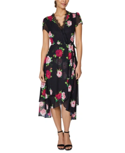 Shop Betsey Johnson Floral-print Lace-trim Wrap Dress In Black Floral