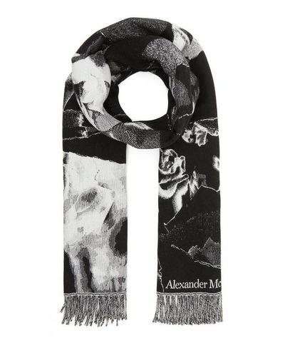 Shop Alexander Mcqueen Torn Roses Wool Scarf In White