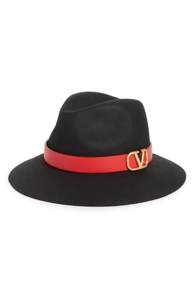 Shop Valentino Logo Band Felt Fedora In Nero/ Rouge Pur