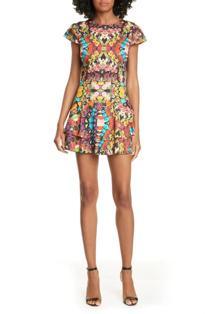 Shop Alice And Olivia Ainsley Floral Double Ruffle Stretch Cotton Minidress In Kaleidoscope Floral