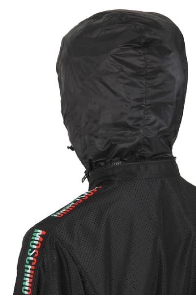 Shop Moschino Perforated  Italian Logo Jacket In Black
