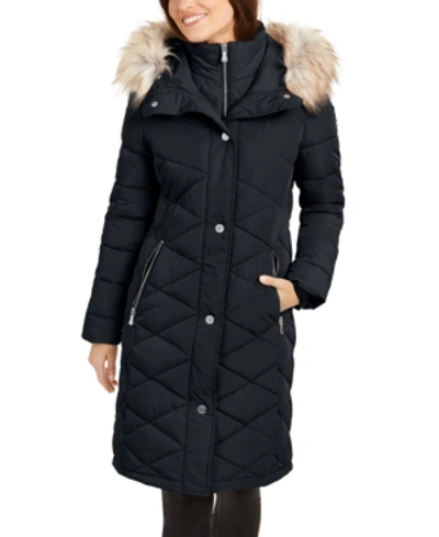 Shop Calvin Klein Petite Quilted Faux-fur-trim Hooded Puffer Coat In Navy