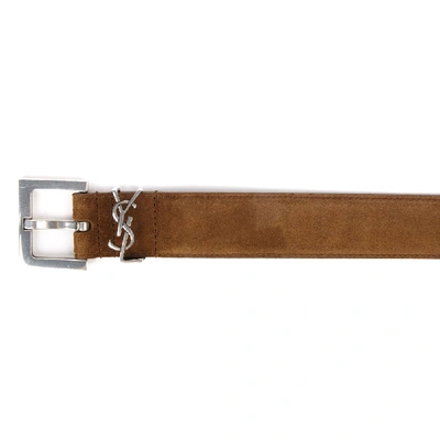 Shop Saint Laurent Land Suede Leather Ysl Monogram Belt In Brown