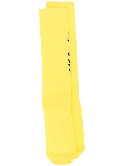 Shop Off-white Yellow Women's Cursive Logo Intarsia Socks In Gold