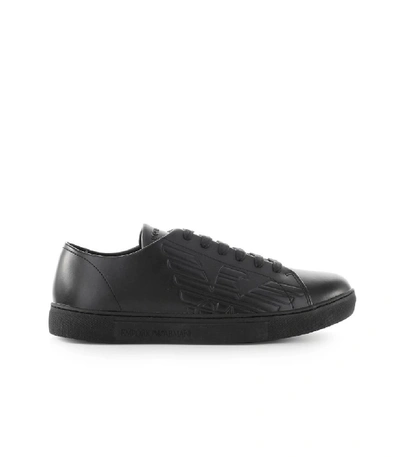 Shop Emporio Armani Black Leather Logo Sneaker