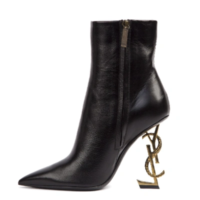 Shop Saint Laurent Pyum Leather Ankle Boots With Bronze Snake Heel In Black