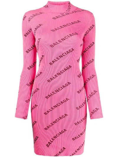Shop Balenciaga Pink Women's All-over Logo Mini Dress