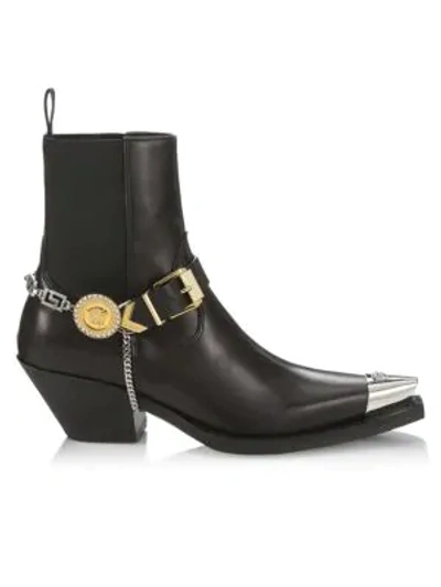 Shop Versace Embellished Western Leather Boots In Black