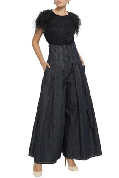 Shop Brunello Cucinelli Woman High-rise Pleated Wide-leg Jeans Dark Denim