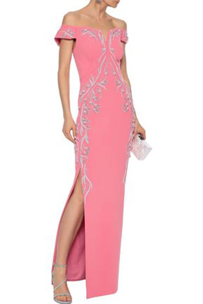 Shop Zac Posen Off-the-shoulder Embellished Crepe Gown In Pink