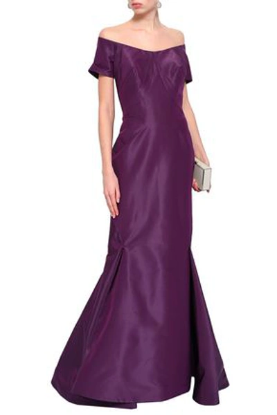 Shop Zac Posen Off-the-shoulder Flared Silk-taffeta Gown In Purple