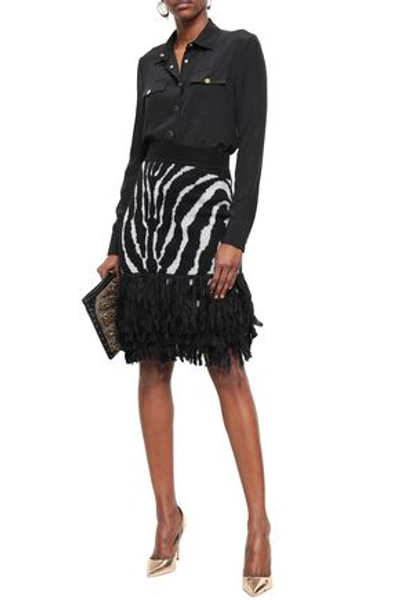 Shop Balmain Fringed Zebra-jacquard Skirt In Black