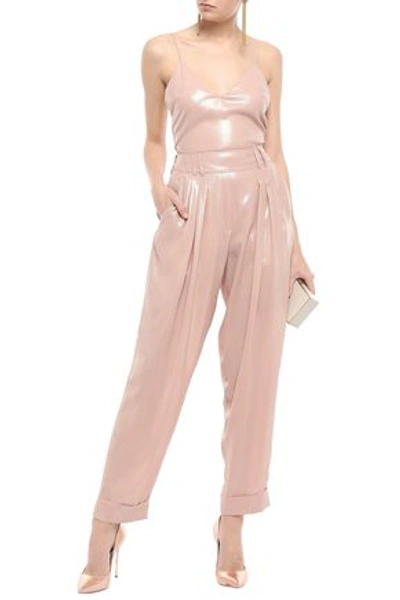 Shop Balmain Pleated Coated-crepe Tapered Pants In Blush