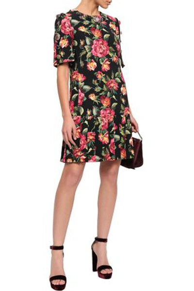 Shop Dolce & Gabbana Woman Embellished Pleated Floral-print Crepe Dress Black