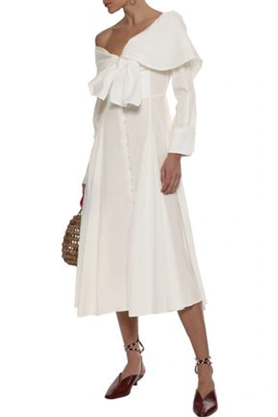 Shop Rosie Assoulin Woman Booby Trap Off-the-shoulder Tie-front Cotton-blend Poplin Midi Dress Off-white