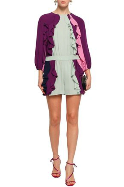 Shop Valentino Woman Ruffled Color-block Silk-georgette Playsuit Violet