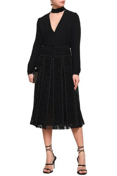 Shop Valentino Layered Studded Cotton-blend Corded Lace And Tulle Midi Skirt In Black
