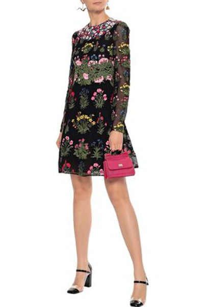 Shop Valentino Floral-appliquéd Cotton-blend Guipure Lace Mini Dress In Black