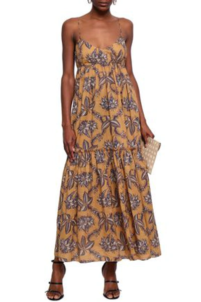 Shop Zimmermann Gathered Floral-print Cotton Maxi Dress In Mustard