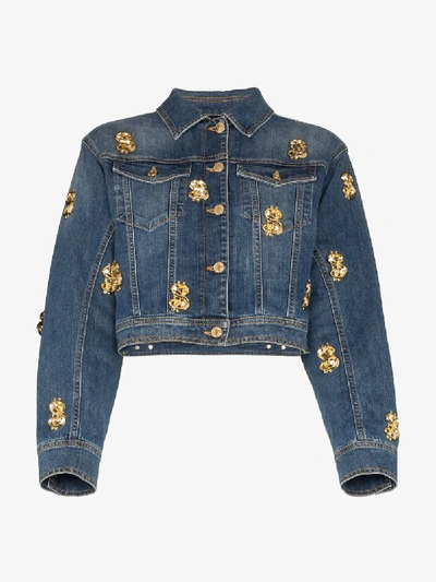 Shop Moschino Cropped Embellished Denim Jacket In Blue