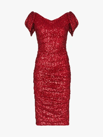 Shop Dolce & Gabbana Sequinned Ruched Midi Dress In Red