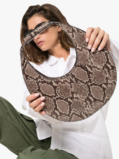 Shop Staud Brown Moon Snake Print Leather Shoulder Bag In Natural Faux Snake