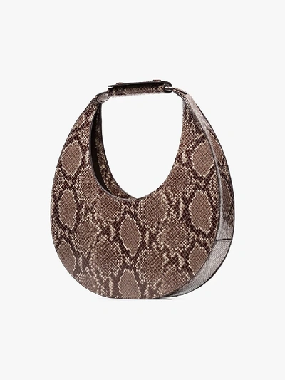 Shop Staud Brown Moon Snake Print Leather Shoulder Bag In Natural Faux Snake