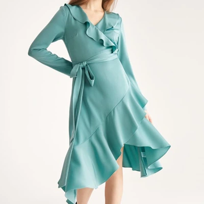 Shop Paisie Satin Wrap Dress With Frills & Self Belt In Teal