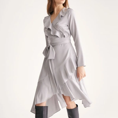 Shop Paisie Satin Wrap Dress With Frills & Self Belt In Silver