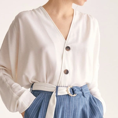 Shop Paisie Batwing Blouse With Ruched Shoulders & Diagonal Buttons In White