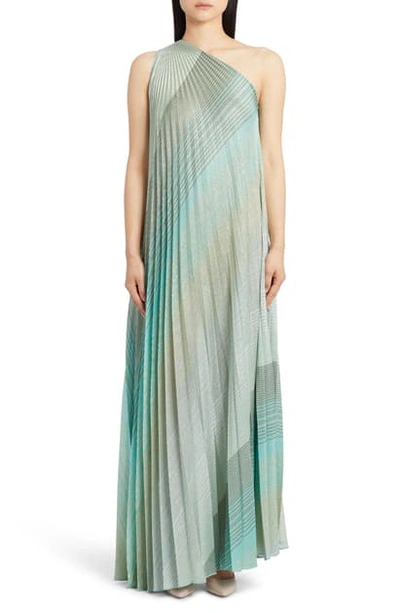 Shop Missoni One-shoulder Plisse Metallic Stripe Knit Gown In Green Multi
