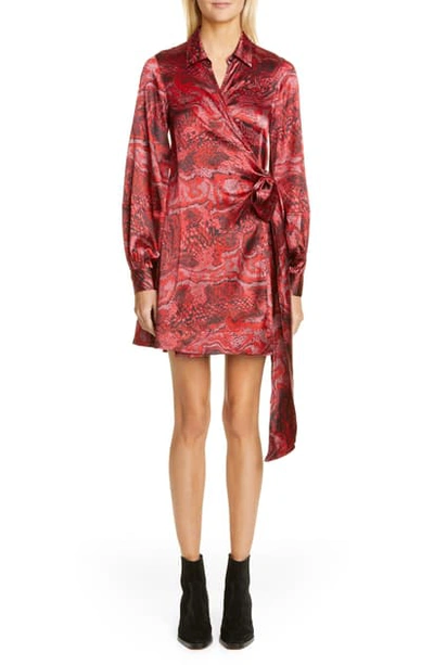 Shop Ganni Long Sleeve Silk Stretch Satin Wrap Dress In Samba