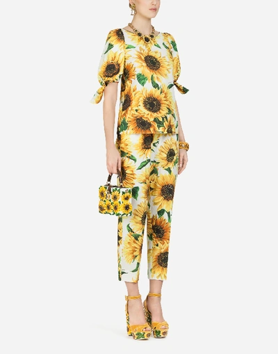 Shop Dolce & Gabbana Platform Velvet Sandal With Painted Sunflowers In Floral Print