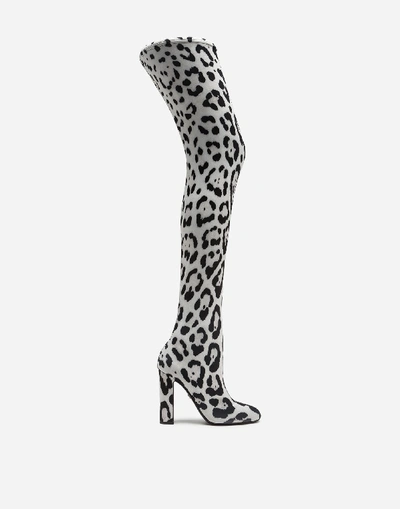 Shop Dolce & Gabbana Leopard Print Jersey Over The Knee Boots In Multicolored