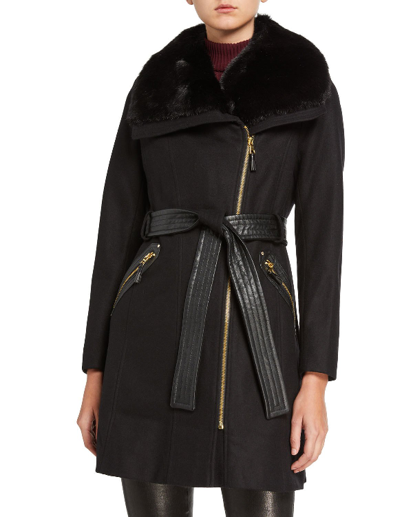 Via Spiga Faux-Fur-Collar Asymmetrical Belted Coat In Black | ModeSens