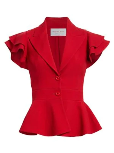 Shop Michael Kors Ruffle-sleeve Peplum Jacket In Crimson